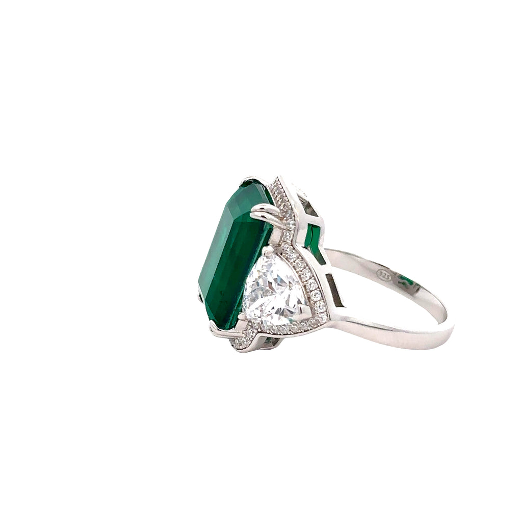 ELEGANT 925 STERLING SILVER RING WITH GREEN AND CUBIC ZIRCONIA STONES